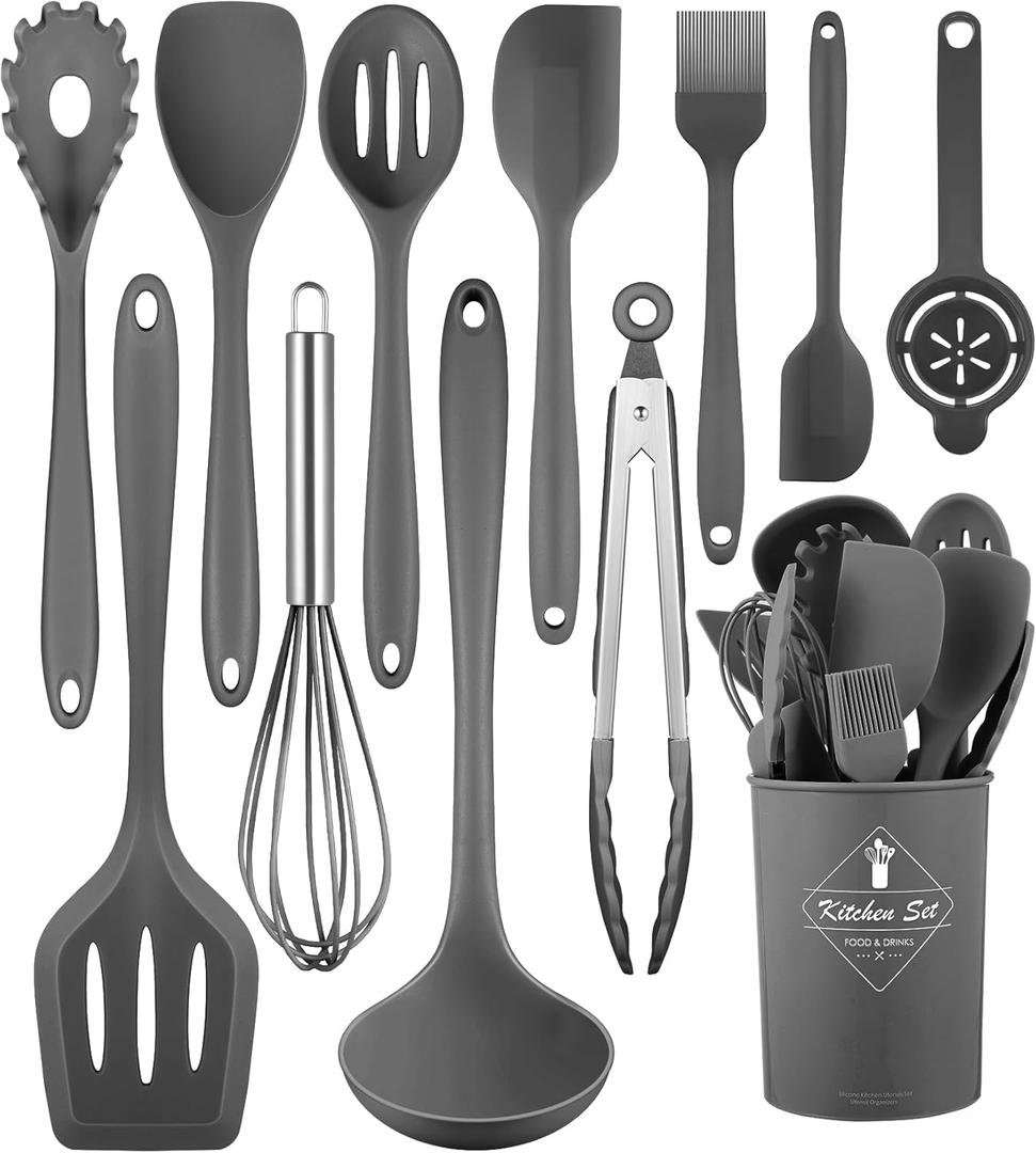 Kitchen Utensils Set-12 Pieces Silicone Cooking Utensils Set (Dishwasher Safe) 392F Heat Resistant Spatula Set, Nonstick Cookware (Gray)
