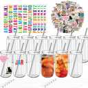 16 oz Clear Plastic Cups Reusable with Lids and Straws & DIY Sticker, 12Pack Acrylic Mason Jars Iced Coffee Drinking Glasses Cup for Park Picnic, Poolside, Party Giveaways