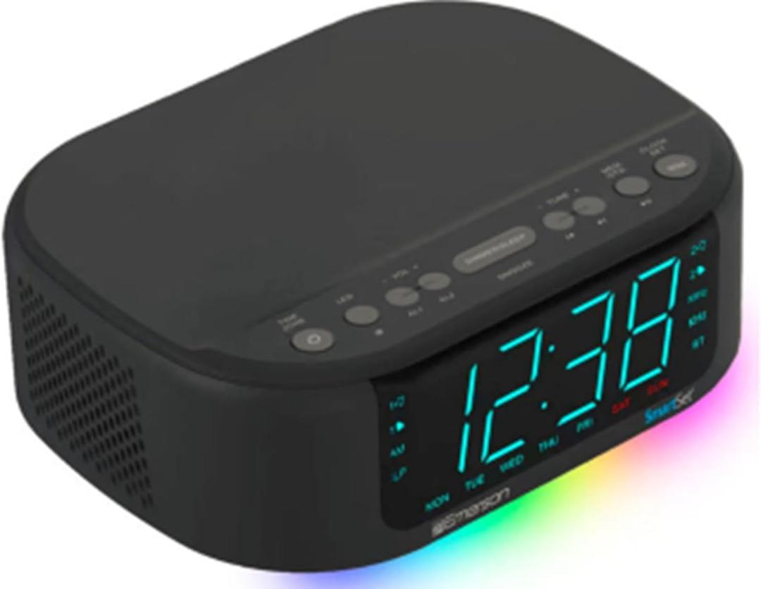 Emerson CKS8888 6-Watt Smartset Stereo Sound Bluetooth Speaker AM/FM Radio with 7-Color Changing Lights, 1.2 Cyan Display and USB Type-C Charging, Black