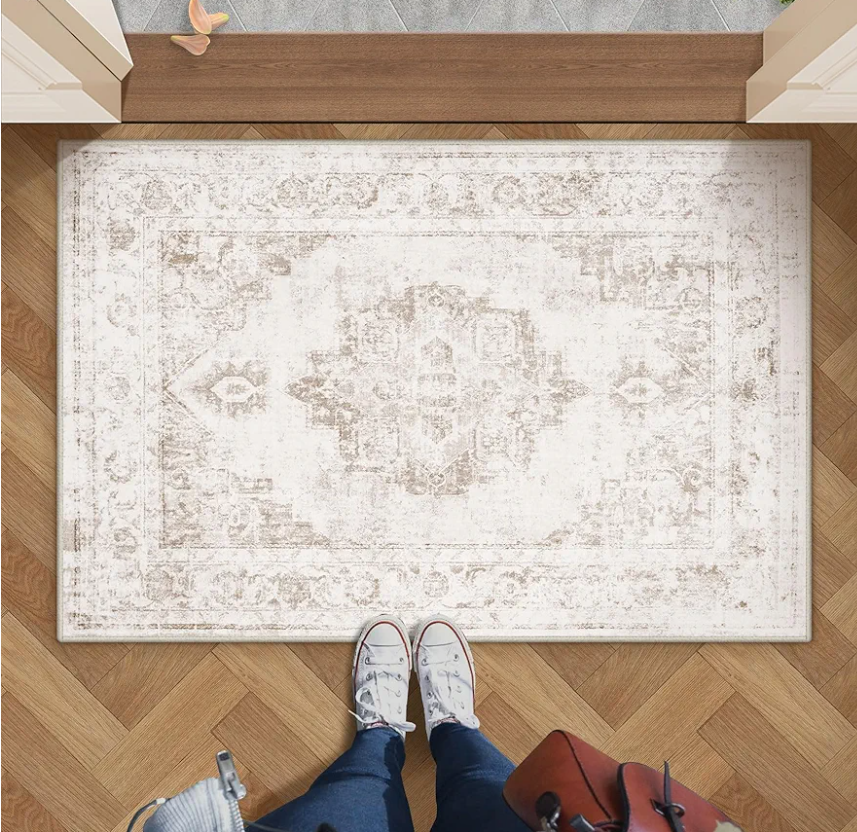 ANDENCY Area Rug 2x3 Vintage Rug: Small Washable Indoor Medallion Entryway Rug Low Pile Distressed Floor Carpet Retro Accent Doormat for Bedroom Bathroom Hallway Kitchen Home Office(Beige, 2'x3')