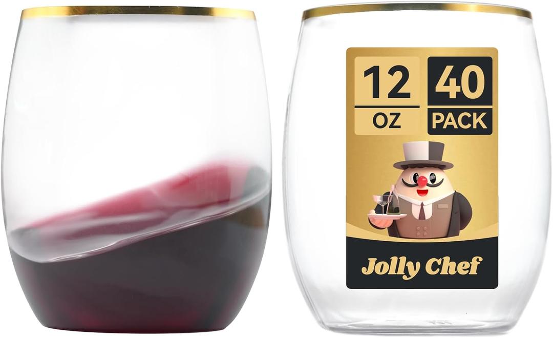 JOLLY CHEF 12 oz 40 Pack Gold Plastic Wine Glasses Stemless, Shatterproof, Unbreakable, Crystal, Disposable Plastic Wine Cups for Party, Halloween, Christmas, Thanksgiving