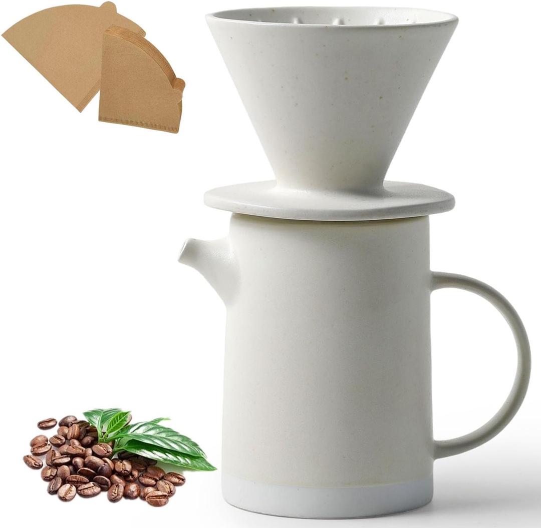 Pour Over Coffee Maker Set Vintage Ceramic Pour Over V60 Coffee Dripper Set with 20 Count Paper Coffee Filters,for Home Caf Restaurant Camping,15.8 Ounces(White)