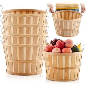 Marsui 6 Pcs Jumbo Half Bushel Baskets - Large Round Wooden Apple Basket With Handles 14 x 9.5 in - Handcrafted Produce for Farmers Market, Fall Harvest, Fruit, Personal or Commercial Use