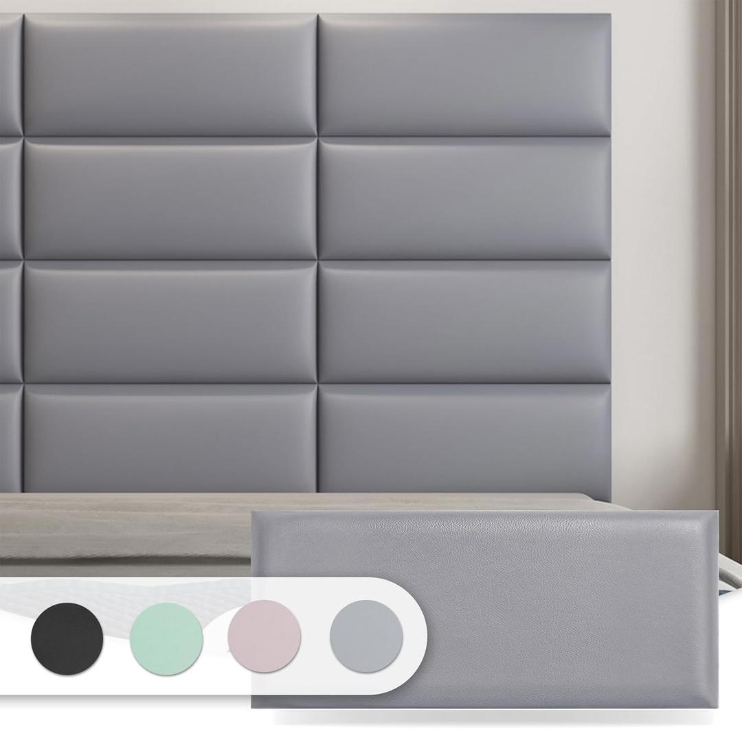 Art3d Peel and Stick Headboard for Full in Grey, Pack of 6 Panels Sized 9.84" x 23.62", Soundproof Wall Panels 3D, Upholstered Wall Panel