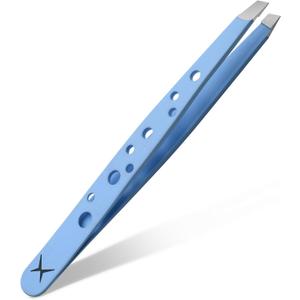 Premium Slant Tip Tweezers Handmade Japanese Stainless Steel, Ultra-Precise Hair Removal Tool for Brows, Ingrowns & Splinters Ergonomic 9-Hole Grip, Professional Salon Quality (Baby Blue)