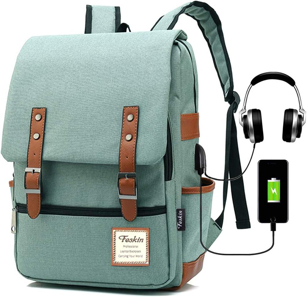 Vintage Laptop Backpack for Women Men, School College Backpack with USB Charging Port & Headphone Jack, Fashion Backpack Fits 15.6 inch Notebook - Green-Function Update