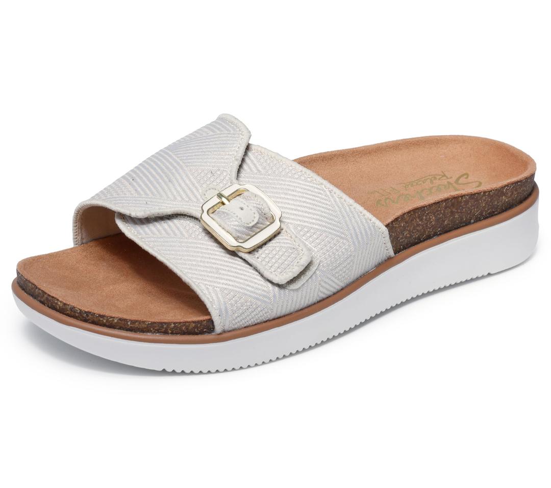 Skechers Women's LIFTED COMFORT - RESTLESS WAVE, Relaxed Fit Adjustable Buckle Slide, Off White, 9M