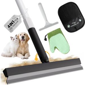 Carpet Rake for Pet Hair Removal Tool - 4 in 1 Pet Hair Remover Kit for Dog Cat Fur Remover, Contain 60" Adjustable Rubber Broom, Glove, Magic Brush and Scraper for Furniture (Black)