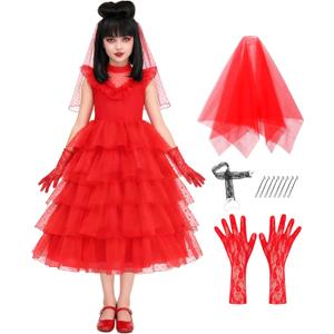 IBQ Kids Red Wedding Dress Girls Halloween Costuems Toddler Horror Comedy Character Bride Cosplay Outfit with Veil Gloves (Red, M)