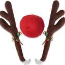 Christmas Reindeer Antlers Car Decoration Kit Plush Rudolf Auto Reindeer and Red Nose Set with Jingle Bells - Best Chrictmas Gift Choice