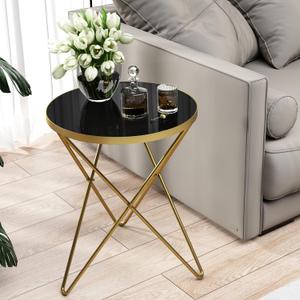 HLR Modern Round Side Table, End Table with Marble Effect Top and Gold Metal Frame, Small Side Table for Living Room, Bedroom, Sofa and Couch, Gold Legs, Black Glass top (1-pack)
