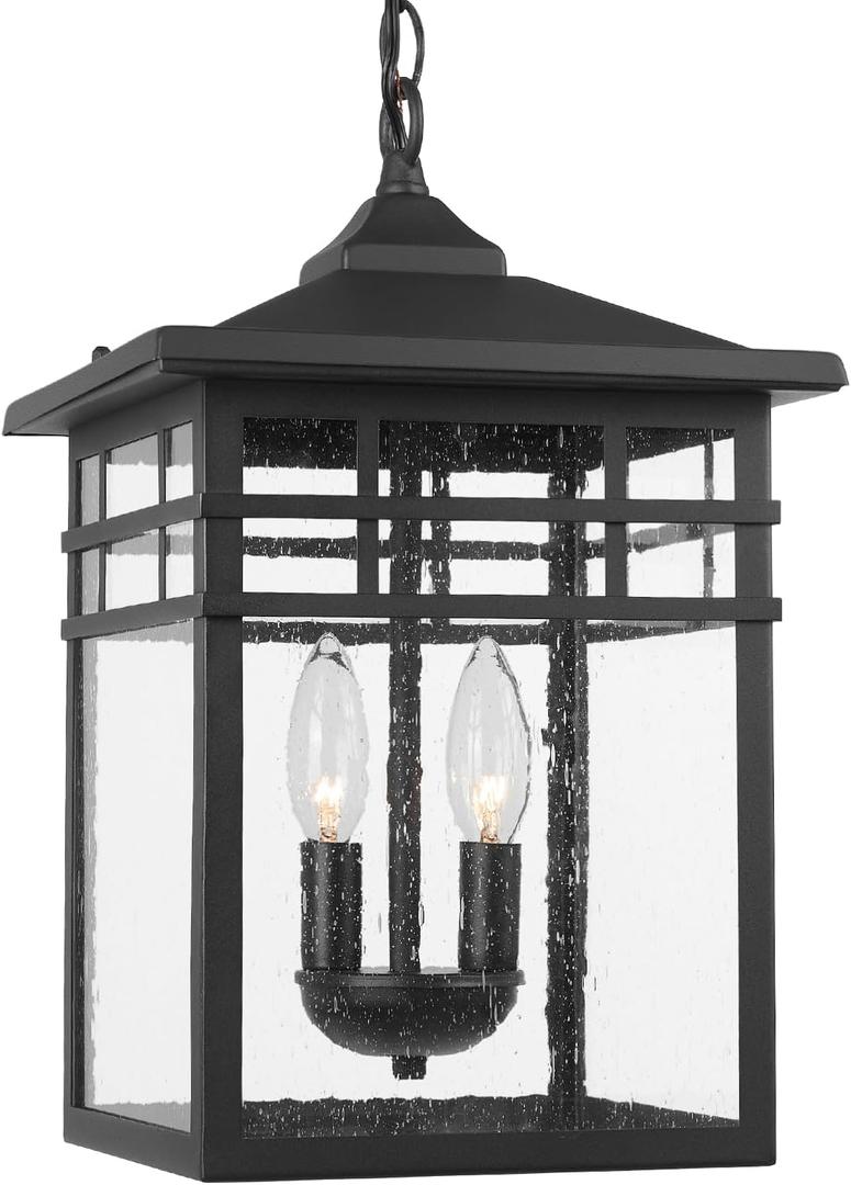 Outdoor Pendant Light Lantern for Front Porch, 10 Inch Large Black Exterior Hanging Chandelier Light Fixtures with Seeded Glass Shade for Patio, Garden, Backyard, Garage, Gazebo, Entryway