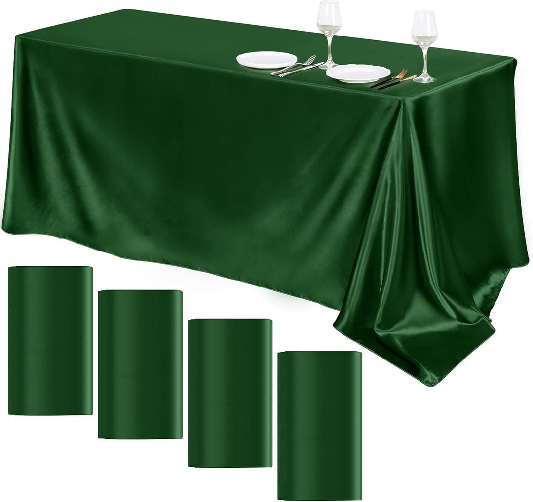 TURSTIN 4 Packs Satin Tablecloth 102 x 58 Inch Overlay Satin Table Cover Rectangle Bright Silk Tablecloth Smooth Fabric Table Decoration for Wedding Banquet Party Events, Dark Green