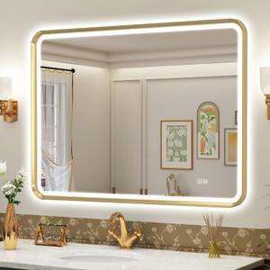 S'bagno 40X28 Gold LED Mirror for Bathroom with Frontlit & Backlit, LED Bathroom Mirror with Metal Frame, Anti-Fog, Stepless Dimmable, 3 Colors Temperature LED Vanity Mirror(Horizontal/Vertical)