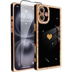 for iPhone 16 Plus Case Cute Love Heart Plating for Women, with Screen Protector, Glitter Sparkle Rhinestone Diamond Border Design Slim Rectangle Wireless Protection Case Cover, Black