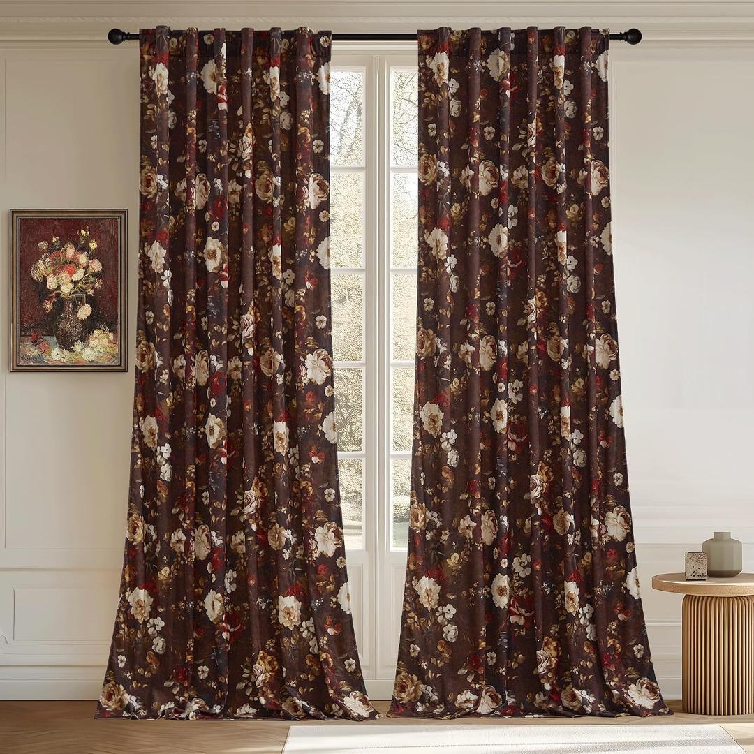 StangH Floral Brown Curtains 96 inches Long, Super Soft Velvet Drapes with Blossom Print Pattern Retro Light Filtering Fall Design Decor for Living Dining Room, W52 x L96, 2 Panels