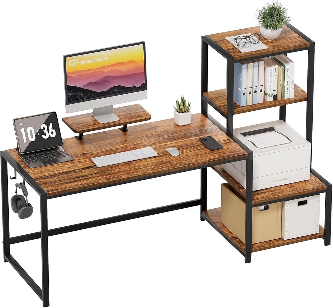 GreenForest Computer Desk 58" with Printer Shelf, Reversible Office Desk with Monitor Stand and 2 Hooks, Home Workstation for Study Writing Working Gaming, Brown (57.9" x 18.9", Brown)