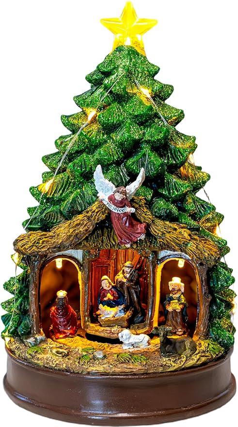 Candieslife Musical Christmas Tree Rotating Nativity Scene with Star LED Light, Holy Family Angel Figurines, Resin Material, Tabletop Decorative Christmas Tree Ornaments