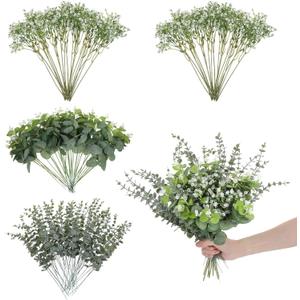Grevosea 100 Pcs Babys Breath Flowers and Artificial Eucalyptus Stems, 3 Kinds Mixed Eucalyptus Greenery Stems with Faux Leaves for Wedding DIY Bouquets Floral Arrangement Home Decor