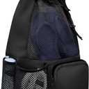 Swim Bag Mesh Beach Drawstring Backpack with Wet Pocket Waterproof for Gym Workout Men Women (Black)