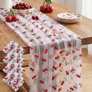 4 Pcs Cherry Table Runners 29 x 70 Inch Glitter Cherry Tulle Lace Table Runner for Birthday Party Baby Shower Wedding Summer Home Kitchen Decor