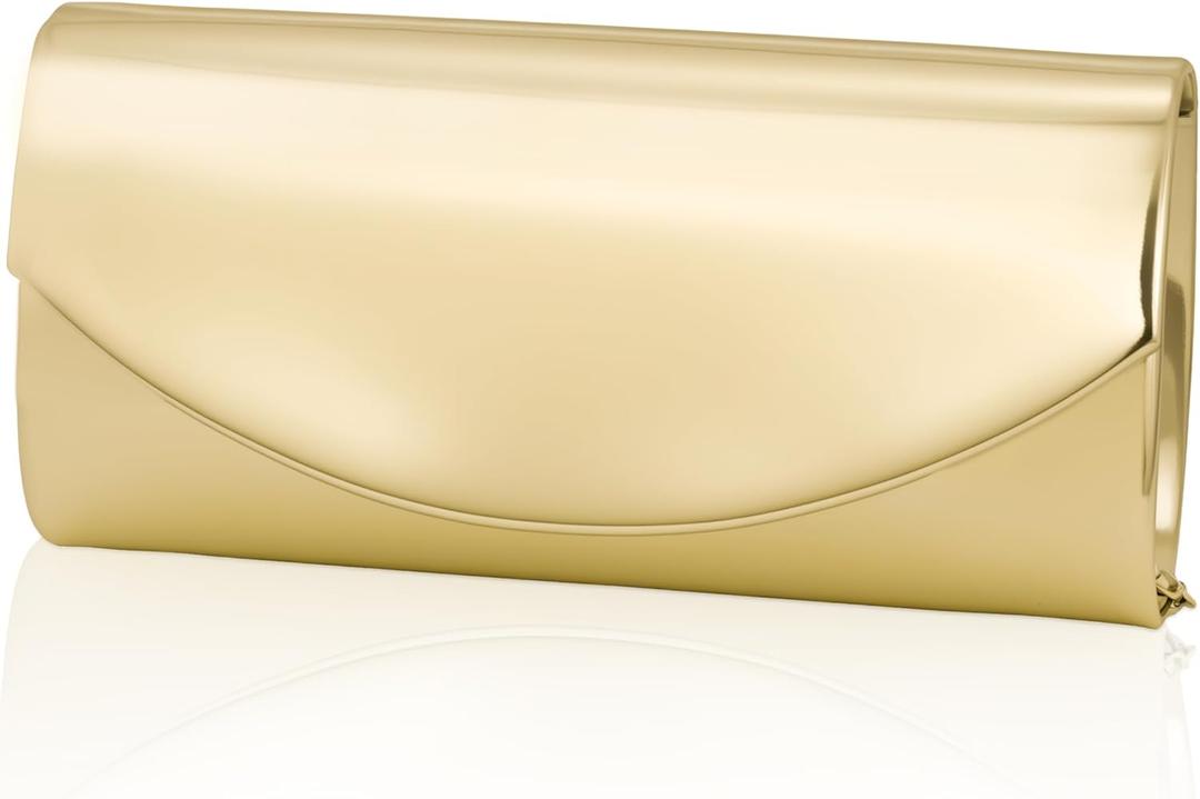 Larcenciel Metallic Patent Leather Clutch Purses for Women, Fashion Curved Flap Envelope Evening Handbags w/Chain Party Bags