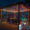 300LED Solar Curtain Lights Waterproof, Upgraded Twinkle String Fairy Light Remote Control 8 Mode Dimmable Solar Hanging Waterfall Lights with USB Rechargeable for Outdoor (Multi-Colored) (10 Feet)