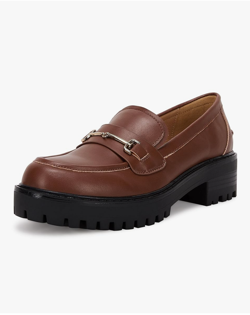 VETASTE Womens Lug Sole Platform Mid Chunky Heel Loafers Classic Round Toe Slip On Office Uniform Oxfords Shoes with Metal Chain