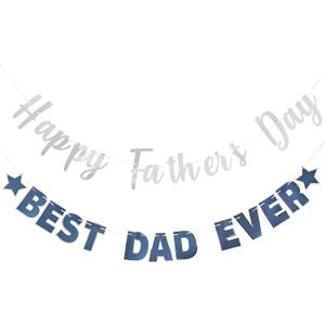 Happy Father's Day Silver Banner Bunting Banner for Dad Father's Party Decorations Backdrop Garland for Father's Day (2 pcs Silver)