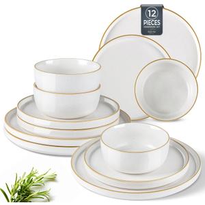 AmorArc Stoneware Dinnerware Sets for 4,Reactive Ceramic Plates and Bowls Set,Highly Chip and Crack Resistant | Dishwasher & Microwave Safe | Round Dishes Set Service for 4 (12pc) (Speckled Matte White)