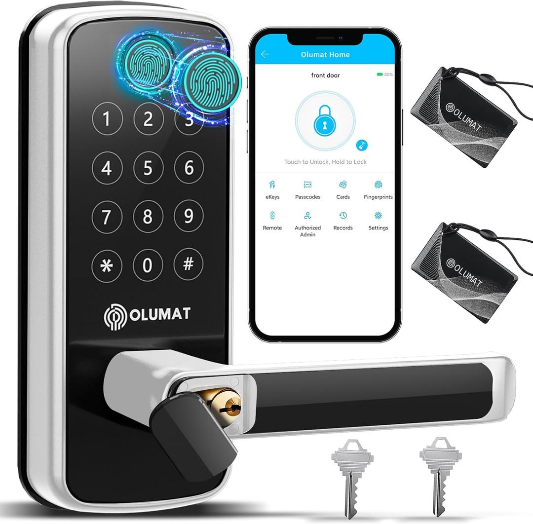 Smart Lock with Handle: Wi-Fi Keyless Entry Door Lock - Smart Locks for Front Door - Biometric Fingerprint Door Lock - Smart Door Lock with Keypad - Garage Door with App Control - Auto Lock