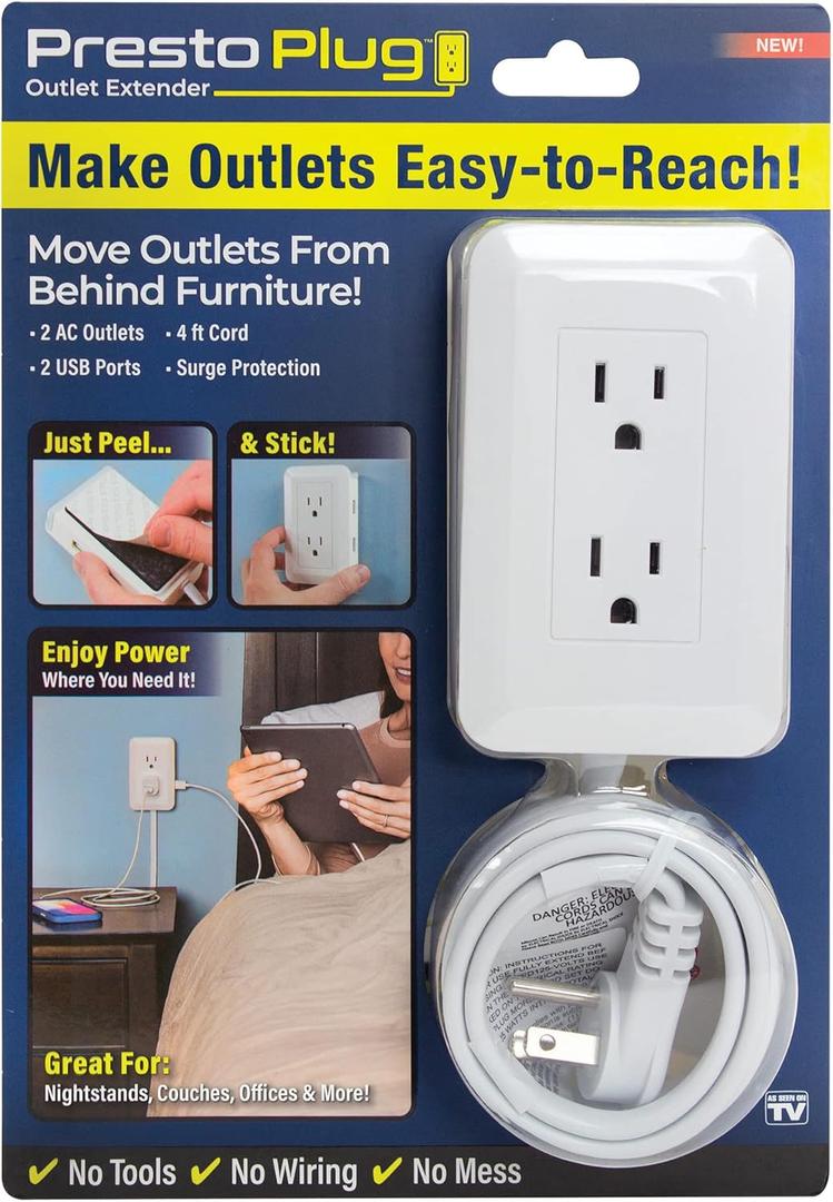 Ontel Presto Plug Outlet Extender for Relocating Unreachable Power Outlets, 4ft Cord, Sticks Easily on Wall, Provides Surge Protection, 2 AC Outlets, 2 USB Ports & Built-in Shelf