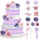 Pink Purple Floral Theme Diaper Cake Decorations for Baby Shower Party, White Lace Pink Purple Ribbons Artificial Flowers Floral Stems Decor for Baby Shower Birthday Party Supplies