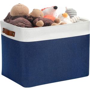 DULLEMELO Large Storage Baskets, Fabric Storage Bins for Organizing Foldable Linen Shelf Baskets for Clothes, Toys, Closet, Laundry (White&Blue,16"x12"x12"-1 Pack)