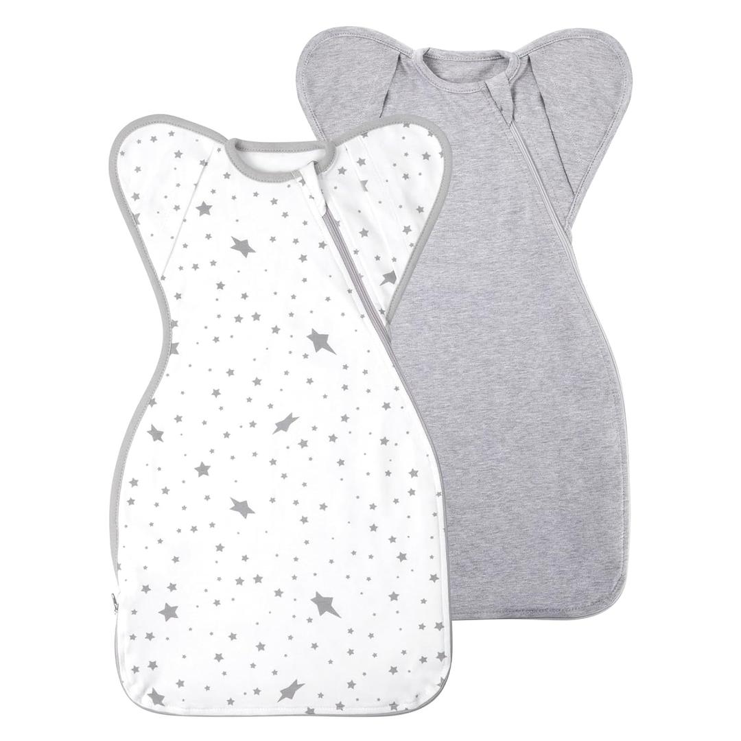 Premium Soft Cotton Swaddle Blanket Sleep Sack Arms Up Design 2 Packs 3-6 Months, Hands Up 3-Way Transitions to Arms-Free Wearable Sleeping Sack Bag for Baby Boys Girls Snug Fit Calms Startle Reflex (Grey + Lucky Star), Size: M ( 3-6 Months, 14-20 lbs )