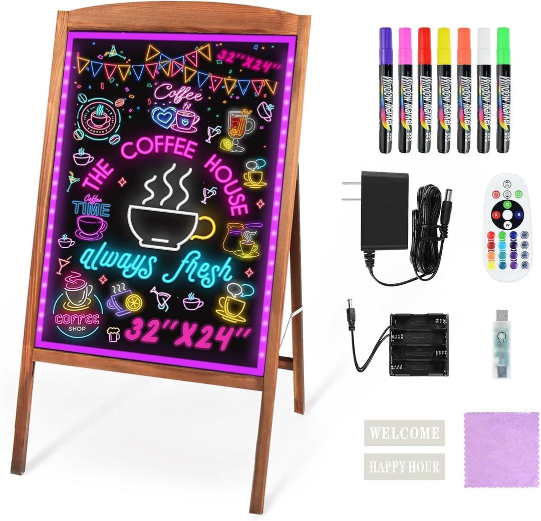 Hosim LED Message Writing Board 32"x24", Standing A-Frame Wooden Message Board Illuminated Erasable Neon Effect Restaurant Menu Sign, 8 Colors Markers, Flashing DIY Message Chalkboard for Shop/Cafe