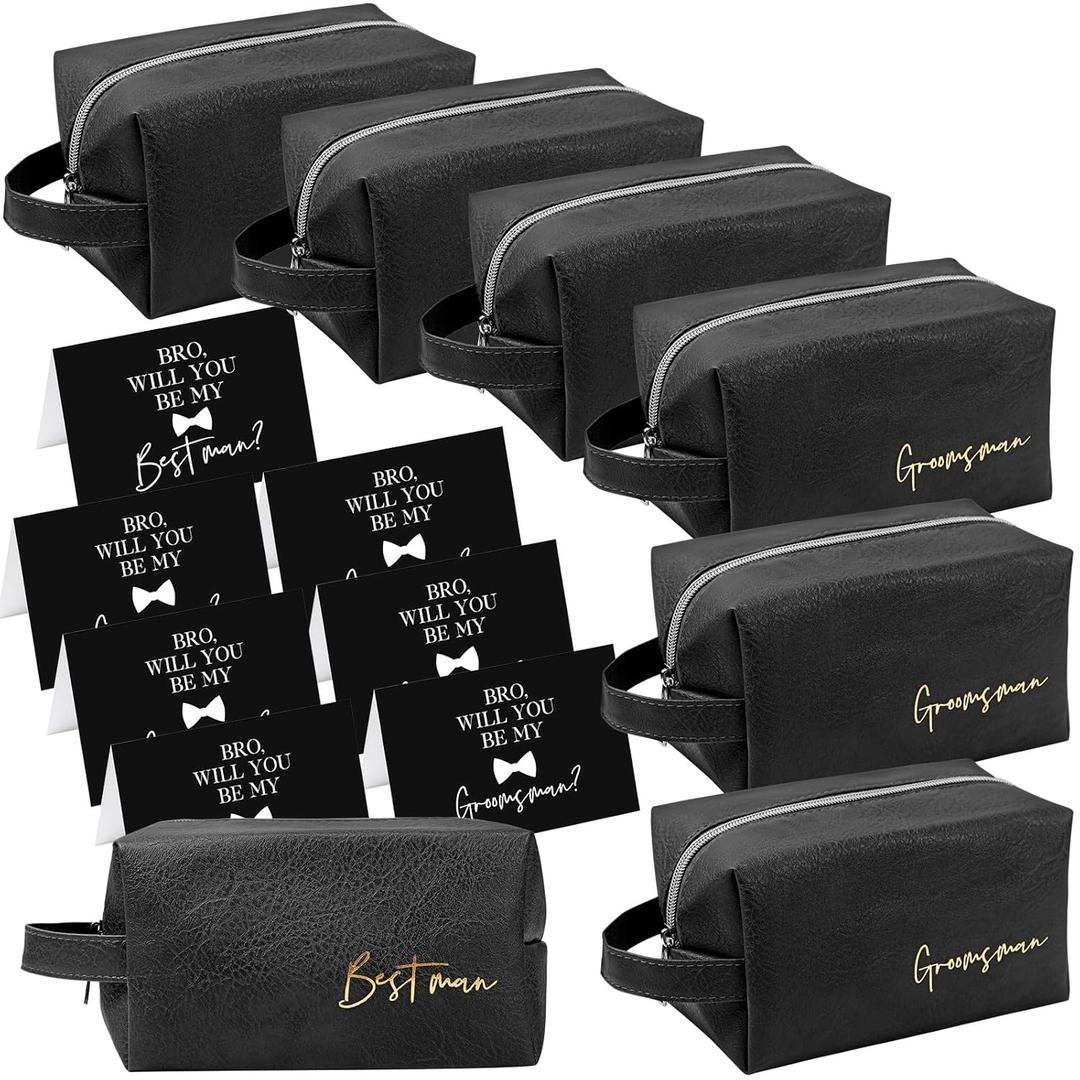 Amylove 7 Sets Man Gifts Men Toiletry Bag for Men Wedding Proposal Gift for Best Man PU Leather Cosmetic Bags with Zipper Bowknot Greeting Card Wedding Toiletries Accessories(Black)