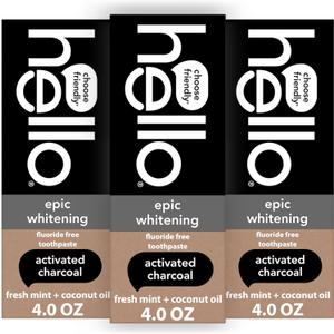 hello Epic Whitening Charcoal Fluoride Free Toothpaste, Activated Charcoal Toothpaste with Coconut Oil, Whitens Teeth Naturally, SLS Free, Fresh Mint, 3 Pack, 4.0 Oz Tubes