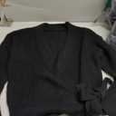 Womens Cropped Sweater V-Neck Wrap Sweater Long Sleeve Ribbed Knit Pullover with Side Tie Valentines Day Outfit (Small, Black)