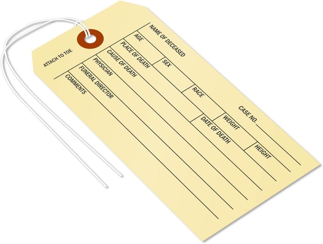SmartSign Toe Identification Tag for Coroner and Funeral, 5.25" x 2.625" Durable Manila Cardstock with Reinforced Hole, Pre-Strung - Pack of 100 Tags
