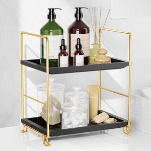 FSyueyun 2-Tier Bathroom Countertop Organizer, Tool-Less Installation Premium Plastics Makeup Shelf Organizer Perfume Skincare for Dresser Vanity Tray Organizers and Storage (Gold and Black)
