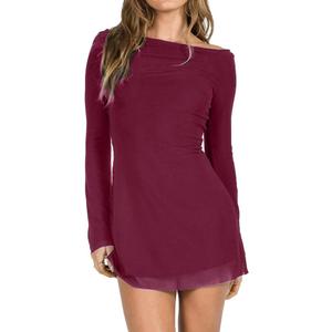 Women Sexy Boat Neck Backless Mesh Mini Dress Solid Slim Fit Bell Long Sleeve Self Tie Back Sheer Short Dresses (Small, Burgundy)