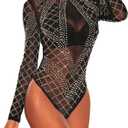 Lrady Women's Sheer Mesh Turtleneck Neck See Through Leotard Bodysuit Body Tops (XX-Large, Black-7)
