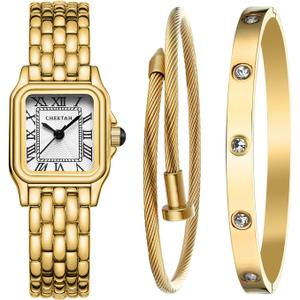 CHEETAH Womens Gold Bangle Watch and Bracelet Set,Gold White