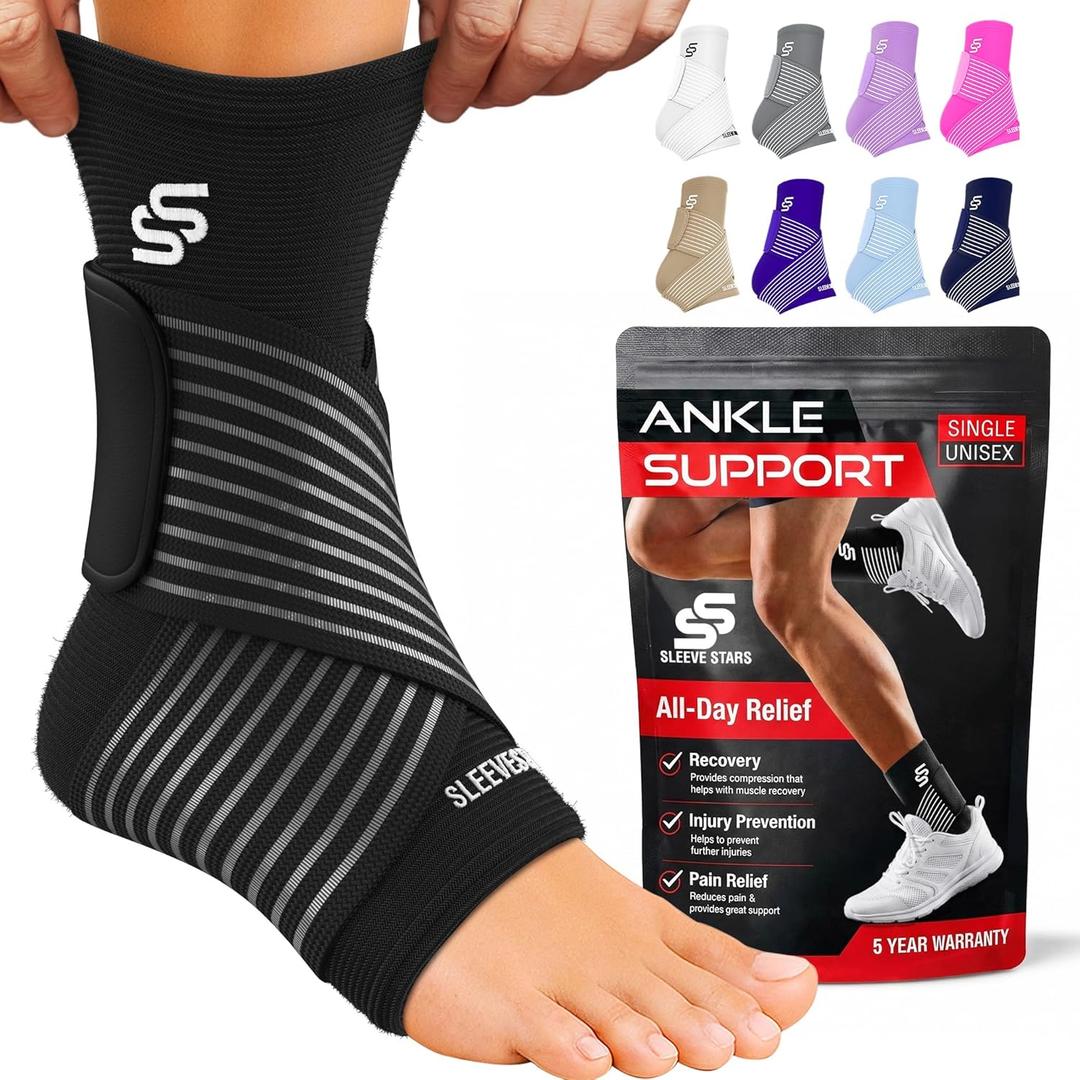 Sleeve Stars Ankle Brace for Women & Men, Ankle Wrap for Sprain, Compression Sleeve for Plantar Fasciitis Relief, Easy Customizable Support: w/ Removable Strap (Single/M:10"-12"/Black)