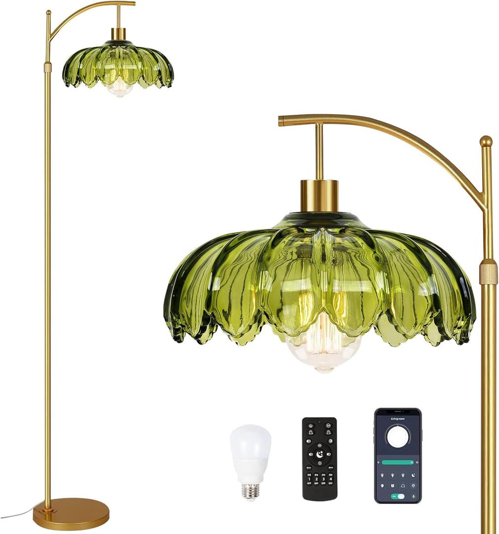 Gold Floor Lamps for Living Room Vintage Green Floor Lamp with Remote Control & Glass Lampshape,Dimmable Mid Century Modern Standing Lamp Tall Flower Lamp Brass Floor lamp for Bedroom Corner (10.2inch)