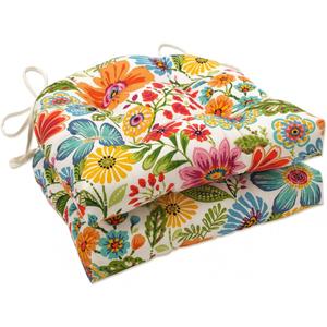 Pillow Perfect Floral Indoor/Outdoor Chair Seat Cushion, Tufted, Weather, and Fade Resistant, 19" x 19", Black/Tan Dailey, 2 Count