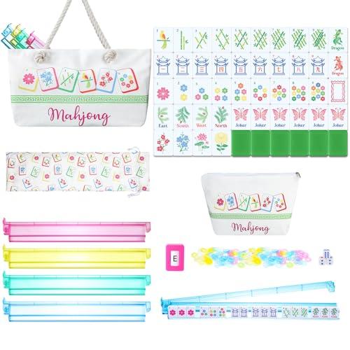 Ceenna American Mahjong Set Complete 160 Pcs Tile/Pushers/Carrying Bag/dice/Chips, 1.2 Inch Green Back Melamine Mahjong Tiles, Hand Carved Pattern for Adult Mah Jong, Beginners (Classic)