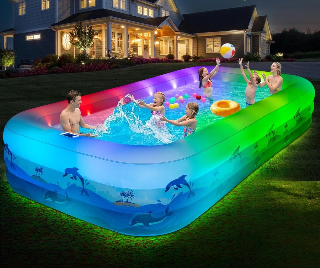 Extra Large Inflatable Pool with Lights - 145" x 74" x 22" Swimming Pool for Adults with Solar Powered, Blow Up Pool for Backyard (Air Pump Not Included)