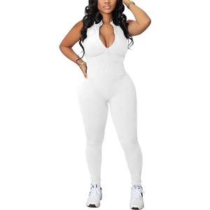 chicyes Women's Bodycon Sexy Jumpsuits Workout Seamless One Piece Ribbed Zipper Rompers Plus Size Outfits , White 